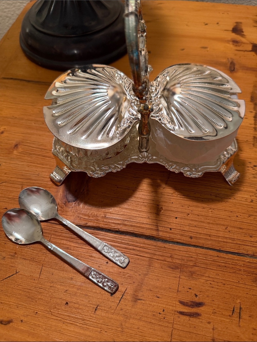 Vintage HUGO Silver-plate Double Condiment Server with Shell Lids and Spoons